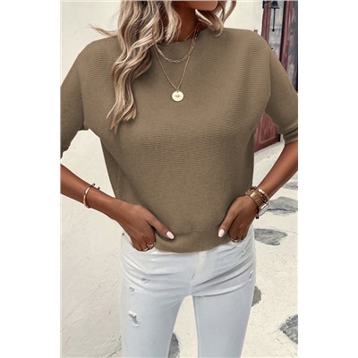 Coffee Round Neck Half Sleeve Ribbed Knit Top