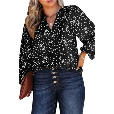 Black Plus Size Floral Print Ruched Split Neck Blouse