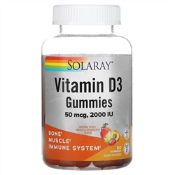 Solaray, Vitamin D3 Gummies, Natural Peach, Mango, & Strawberry, 50 mcg (2,000 IU), 60 Gummies