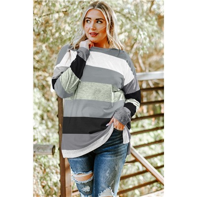 Gray Stripe Plus Size Colorblock Pullover Top