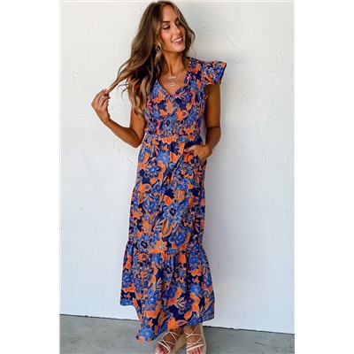 Dark Blue Boho Floral V Neck Ruffle Tiered Long Dress