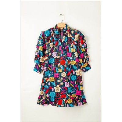 Green Floral Print Puff Sleeve Ruffled Mini Dress