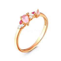 Кольцо из золочёного серебра с пл.кварцем цв.лунный розовый и фианитами
