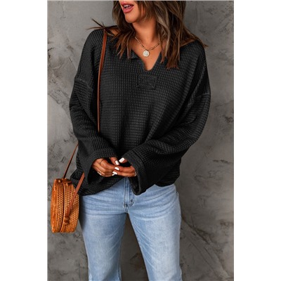 Black Waffle Knit Loose Long Sleeve Top