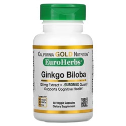 California Gold Nutrition, EuroHerbs, экстракт гинкго билоба, европейское качество, 120 мг, 60 растительных капсул