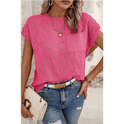 Bright Pink Lattice Textured Knit Short Sleeve Sweater