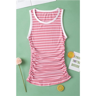 Pink Stripe Contrast Round Neck Sleeveless Slim Top