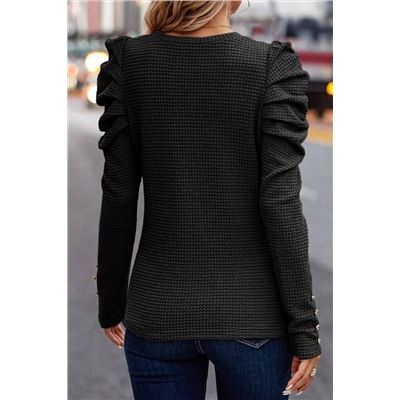 Black Solid Color Textured Buttoned Gigot Sleeve Top