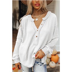 Bright White Contrast Patched Exposed Seam Waffle Knit Henley Top