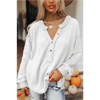 Bright White Contrast Patched Exposed Seam Waffle Knit Henley Top