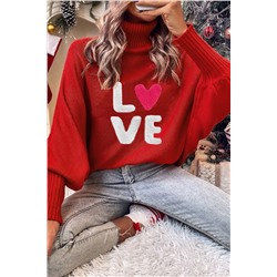 Racing Red Valentine LOVE Letter Embroidered High Neck Sweater