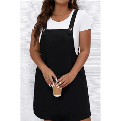 Black Solid Buttoned Straps Plus Size Overall Dress