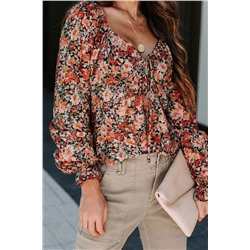 Orange Floral Flounce Sleeve Front Tie Sweetheart Neck Blouse
