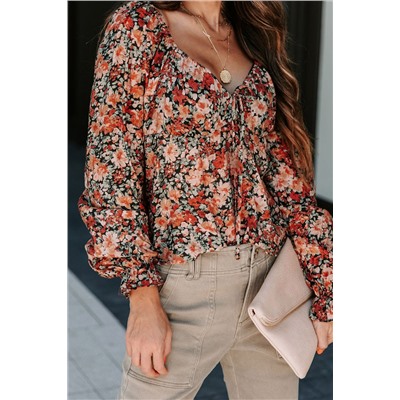 Orange Floral Flounce Sleeve Front Tie Sweetheart Neck Blouse