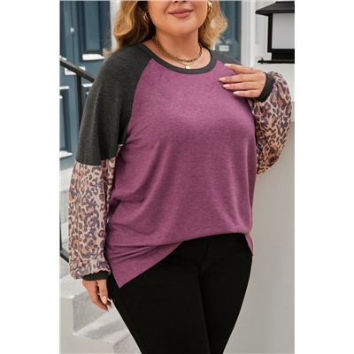 Multicolor Leopard Colorblock Long Sleeve Plus Size Top