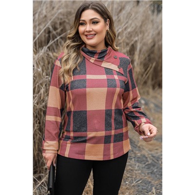 Mineral Red Plus Size Plaid Print Button Decor Asymmetric Neck Top