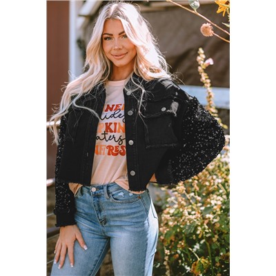 Black Sequin Sleeve Pocketed Raw Hem Denim Jacket