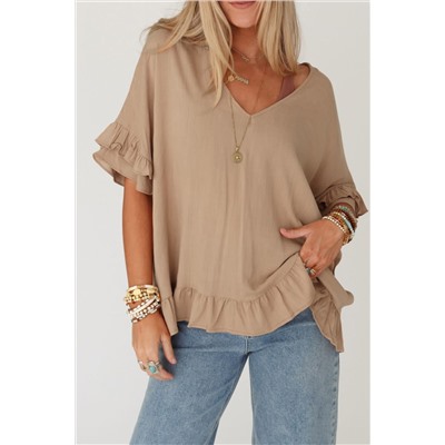 Light French Beige Loose Ruffled V Neck Blouse