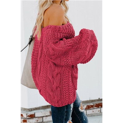 Ярко-розовый свитер крупной вязки с широким V-образным вырезом