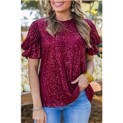 Burgundy Glittering Sequin Short Bubble Sleeve Blouse