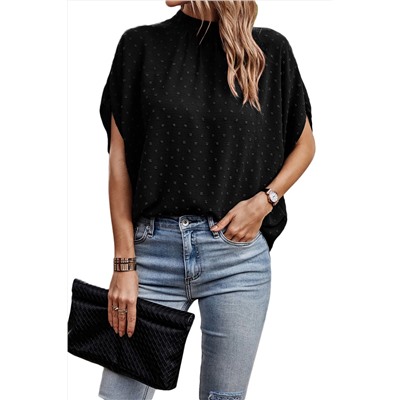 Black Swiss Dot Mock Neck Batwing Sleeve Blouse