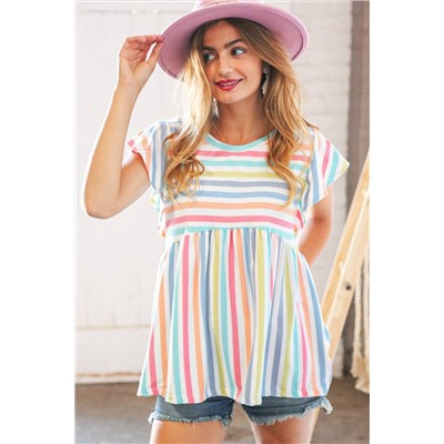 Multicolor Stripe Print Textured Knit Babydoll Blouse