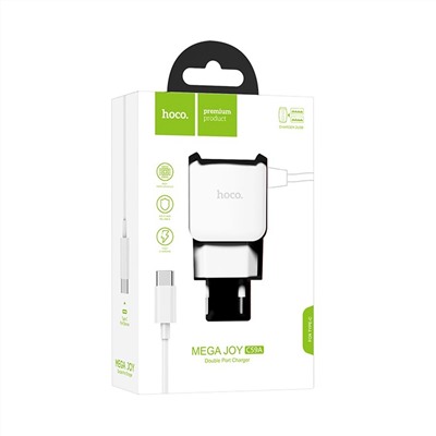 Адаптер Сетевой с кабелем Hoco C59A Mega Joy 2USB 2,4A/10W (USB/Type-C) (white)