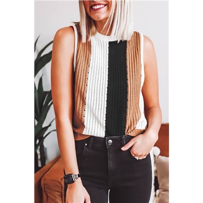 Khaki Stripe Color Block Sleeveless Knitted Sweater Vest