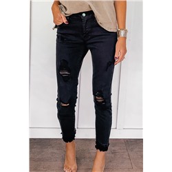 Black Distressed Raw Edge Cropped Skinny Jeans
