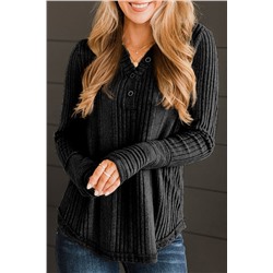 Black V Neck Buttoned Ribbed Knit Top