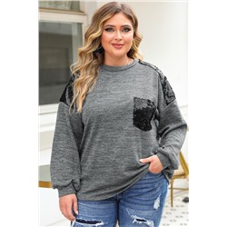 Gray Sequin Patchwork Long Sleeve Plus Size Top