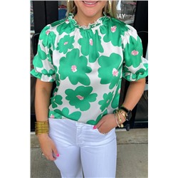 Green Floral Puff Sleeve Frill Neckline Blouse