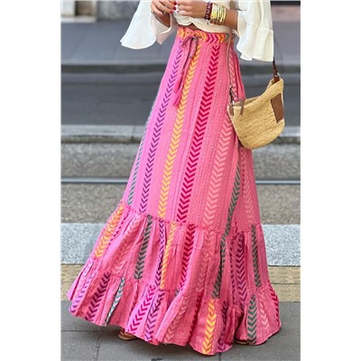 Pink Boho Printed Tasseled Drawstring Ruffled Maxi Skirt