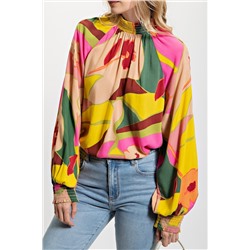 Multicolor Floral Print Smocked Hem Stand Neck Blouse