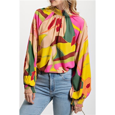 Multicolor Floral Print Smocked Hem Stand Neck Blouse