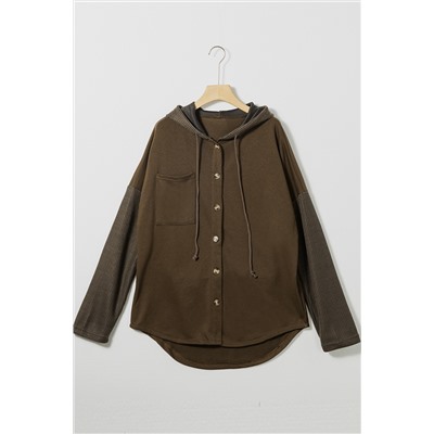 Dark Brown Button Up Contrast Knitted Sleeves Hooded Jacket
