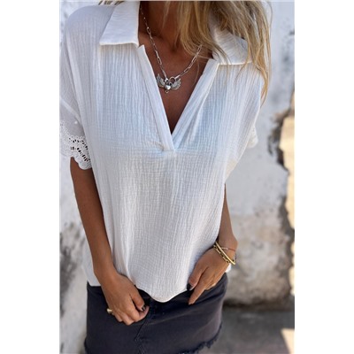 White Crinkled Lace Splicing Sleeve Collared V Neck Blouse