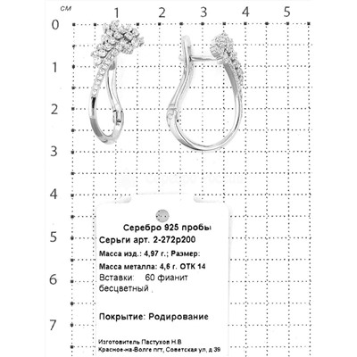 Серьги из серебра с фианитами родированные