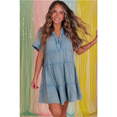 Beau Blue Mineral Wash Crinkle Split Neck Raw Hem Tiered Dress