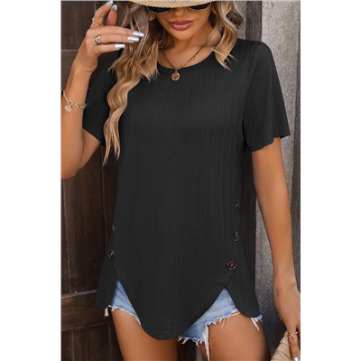 Black Button Slit Detail Fashion Textured T Shirt