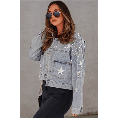 Sky Blue Distressed Pearls Star Cropped Denim Jacket