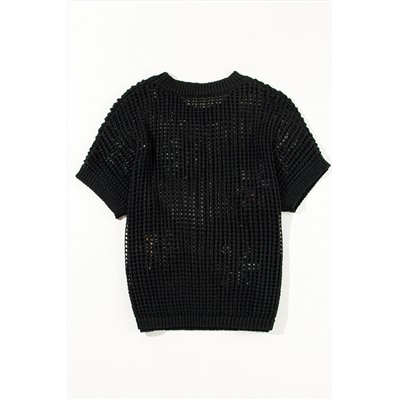 Black Crochet Flower Hollow-out Sweater T Shirt