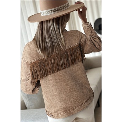 Brown Rhinestone Fringed Cowgirl Fashion Denim Jacket