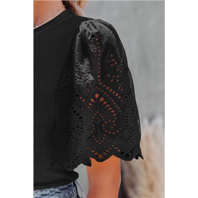 Black Scalloped Eyelet Sleeve Ribbed Knit Top