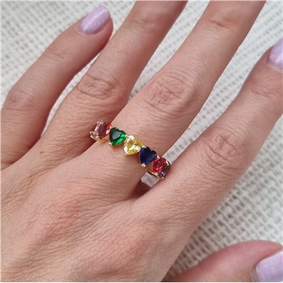 Кольцо с разноцветными фианитами, цвет золотистый, размер 17, арт.706.371