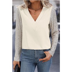 White Sequined Sleeves Patchwork V Neck Blouse