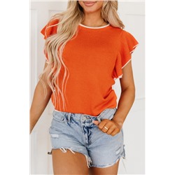 Russet Orange Contrast Trim Ruffle Sleeve Knitted Top