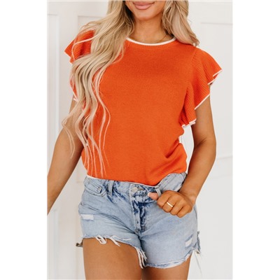 Russet Orange Contrast Trim Ruffle Sleeve Knitted Top