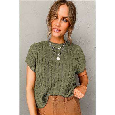 Jungle Green Crew Neck Cable Knit Short Sleeve Sweater