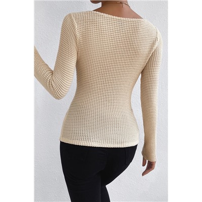 Apricot Square Neck Ruched Textured Knit Top